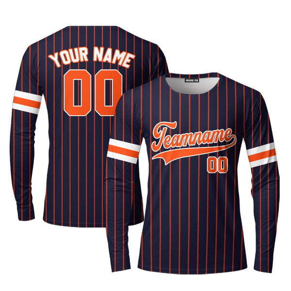 Custom Navy Blue Orange Pinstripe White Custom Long Sleeve T-Shirt For Men & Women