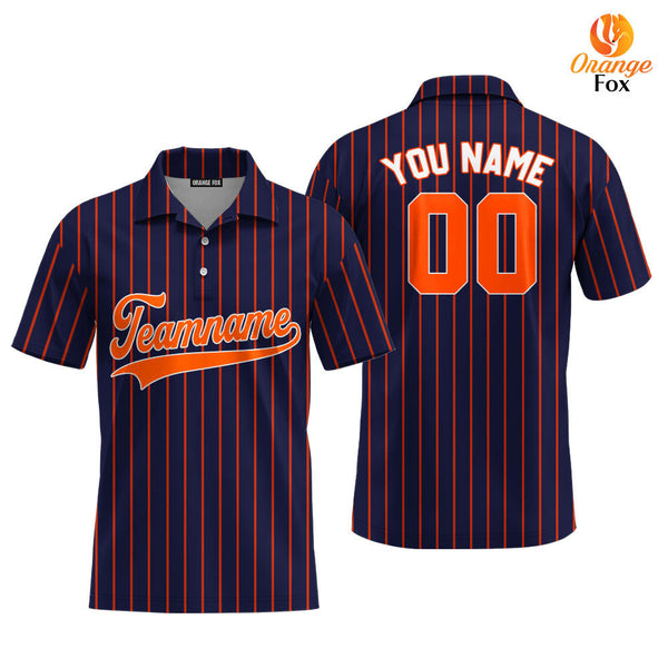 Custom Navy Blue Orange Pinstripe White Custom Polo Shirt For Men