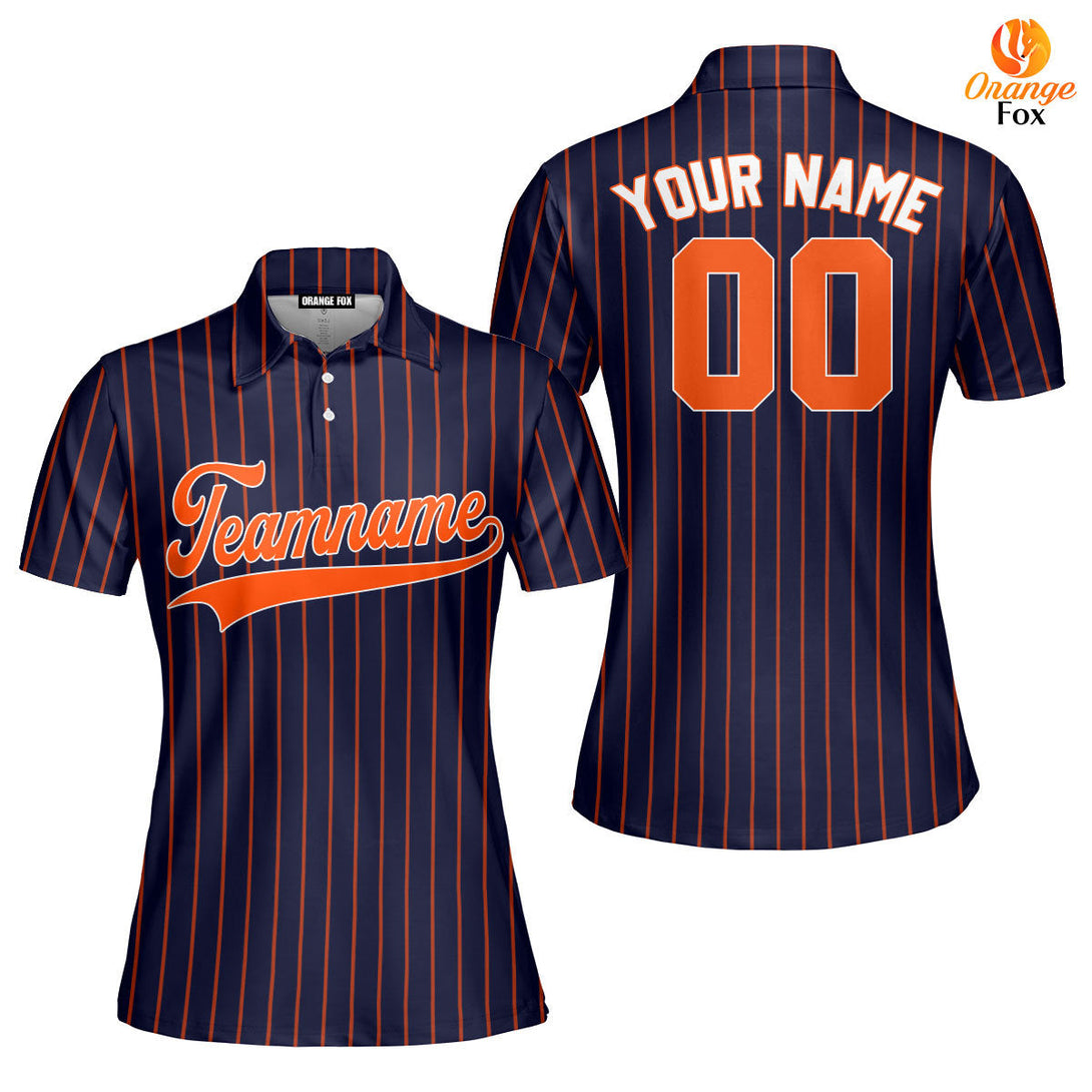 Custom Navy Blue Orange Pinstripe White Custom Polo Shirt For Women