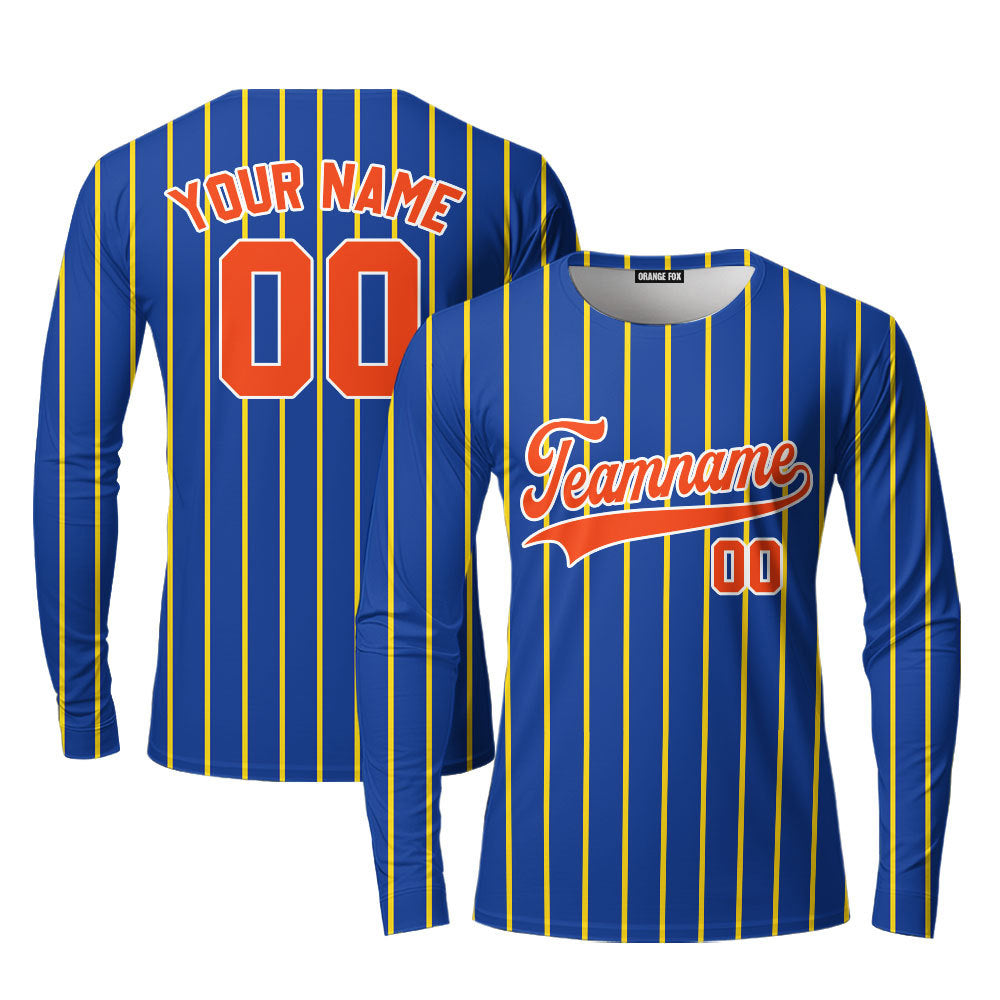 Custom Navy Blue Orange Pinstripe White Orange Custom Long Sleeve T-Shirt For Men & Women