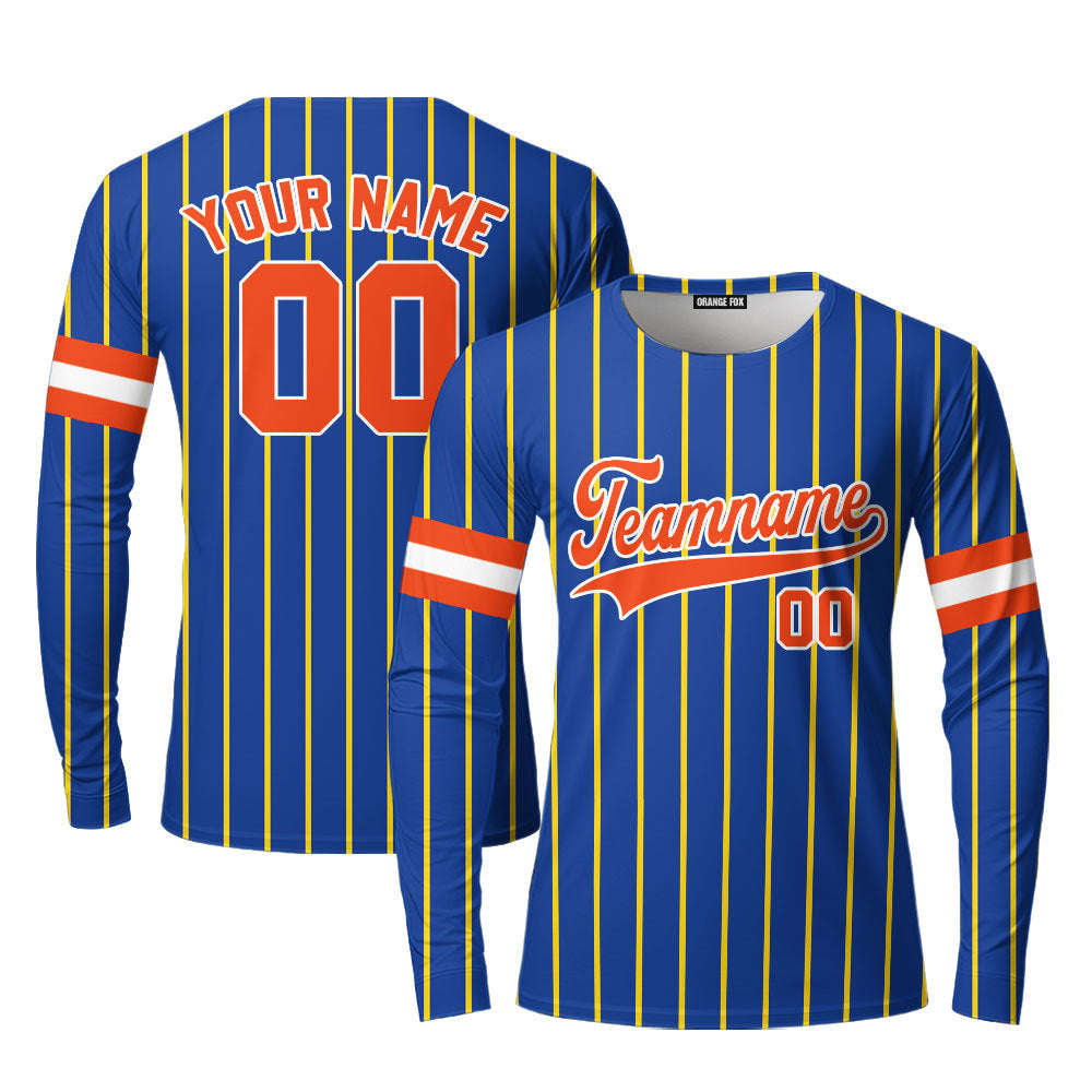 Custom Navy Blue Orange Pinstripe White Orange Custom Long Sleeve T-Shirt For Men & Women