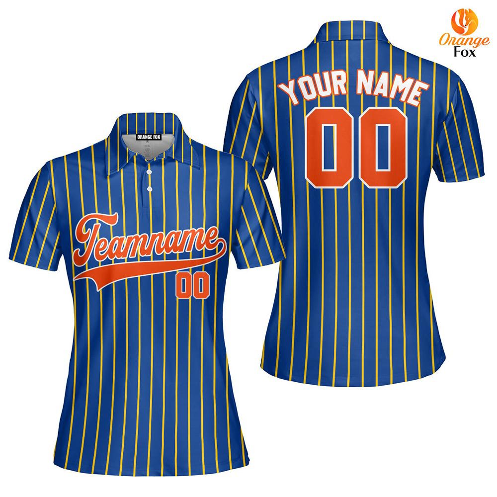 Custom Navy Blue Orange Pinstripe White Orange Custom Polo Shirt For Women