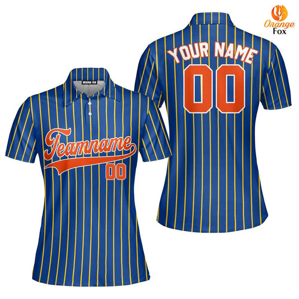 Custom Navy Blue Orange Pinstripe White Orange Custom Polo Shirt For Women