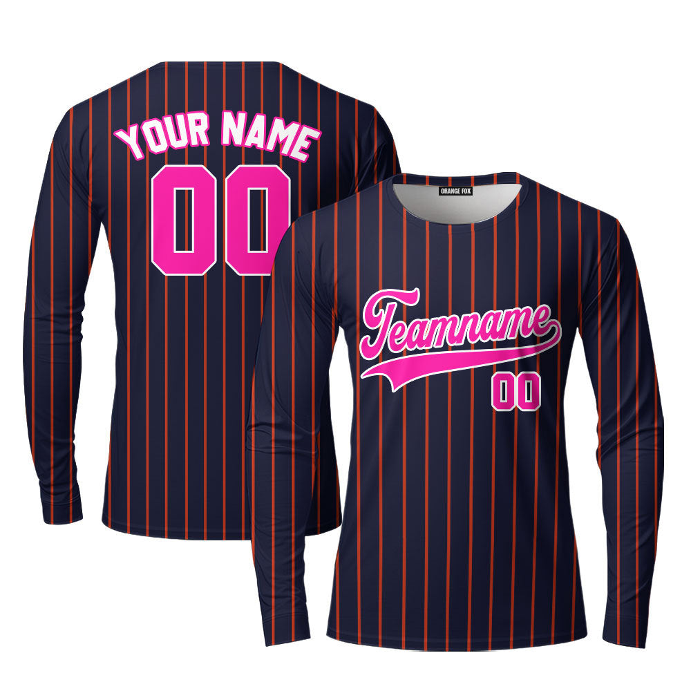 Custom Navy Blue Pink Pinstripe White Custom Long Sleeve T-Shirt For Men & Women