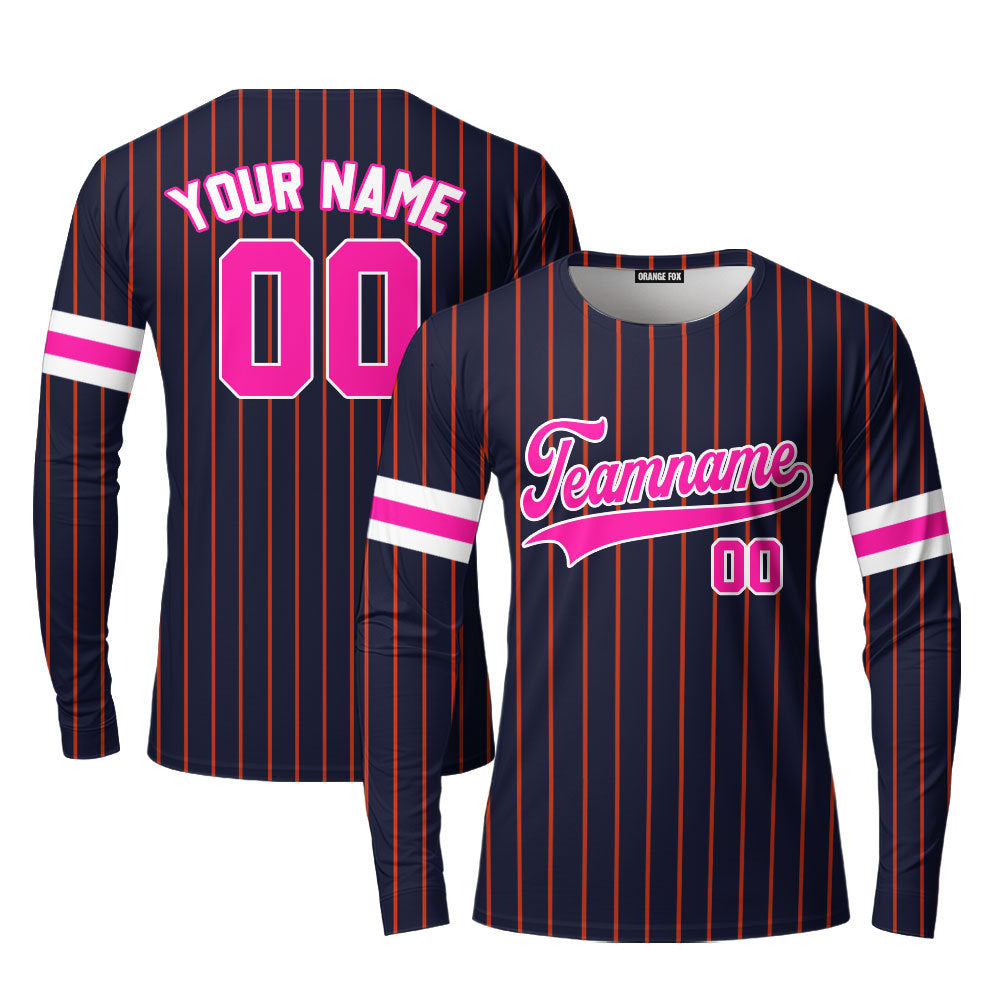 Custom Navy Blue Pink Pinstripe White Custom Long Sleeve T-Shirt For Men & Women