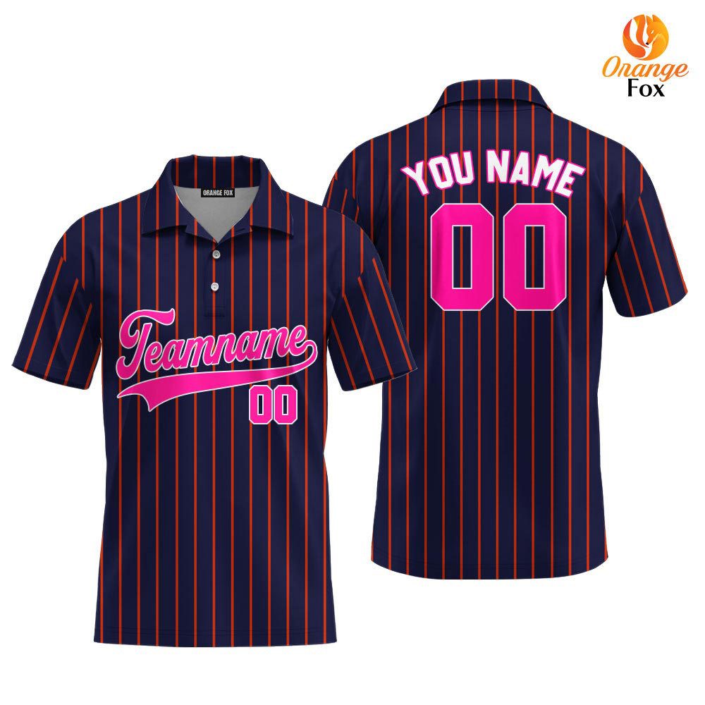 Custom Navy Blue Pink Pinstripe White Custom Polo Shirt For Men