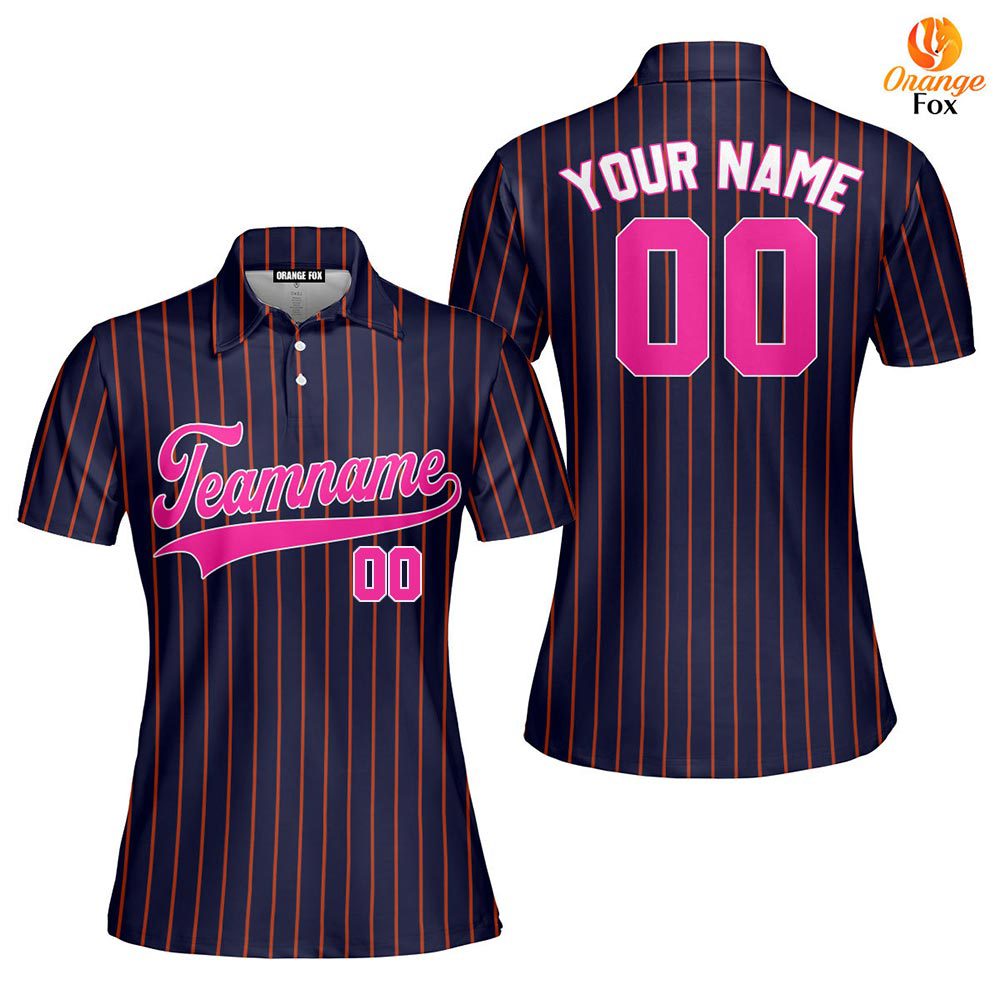 Custom Navy Blue Pink Pinstripe White Custom Polo Shirt For Women