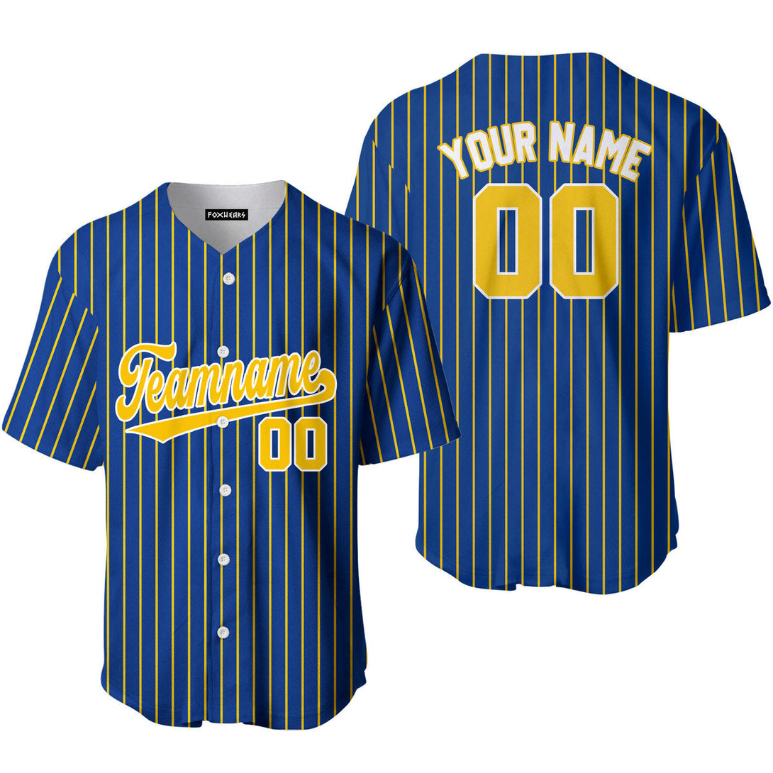 Custom Navy Blue Yellow Pinstripe White Yellow Baseball Jerseys For Men & Women