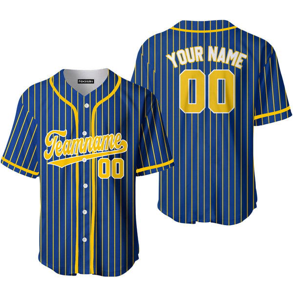 Custom Navy Blue Yellow Pinstripe White Yellow Baseball Jerseys For Men & Women