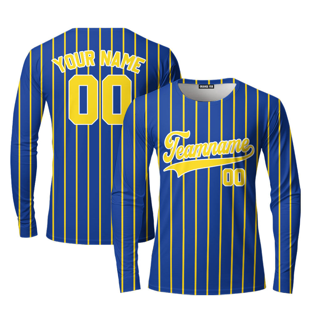 Custom Navy Blue Yellow Pinstripe White Yellow Custom Long Sleeve T-Shirt For Men & Women