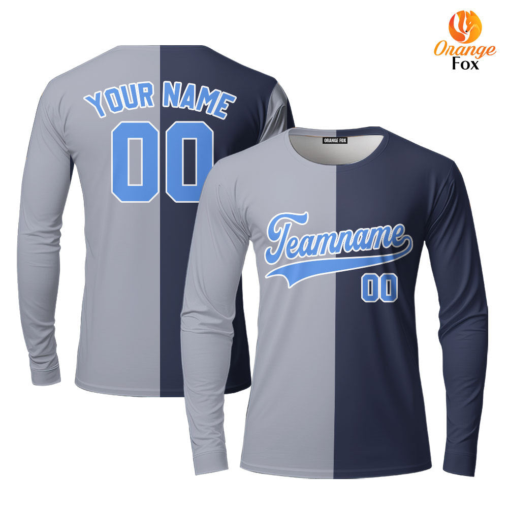 Custom Navy Light Blue Gray Split Fashion Custom Long Sleeve T-Shirt For Men & Women