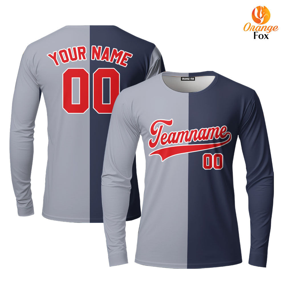 Custom Navy Red Gray Split Fashion Custom Long Sleeve T-Shirt For Men & Women