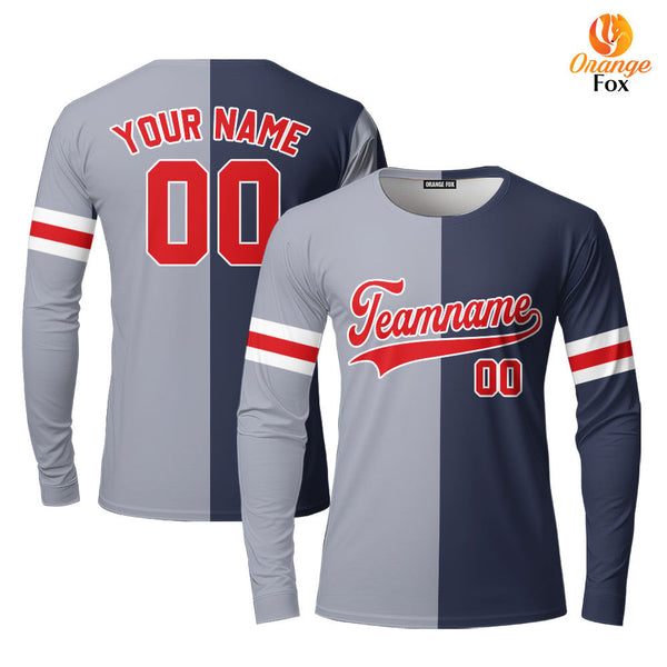 Custom Navy Red Gray Split Fashion Custom Long Sleeve T-Shirt For Men & Women