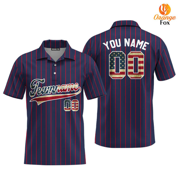 Custom Navy Red Pinstripe American Flag White Custom Polo Shirt For Men