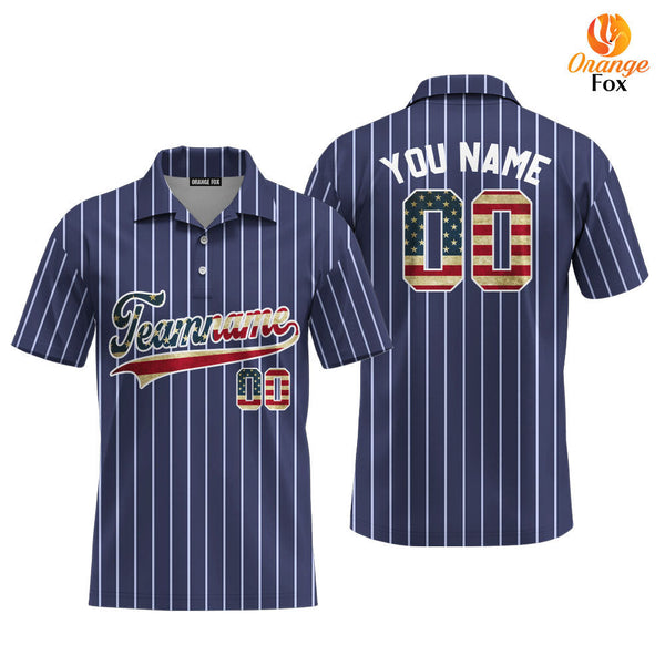 Custom Navy White Pinstripe American Flag White Custom Polo Shirt For Men