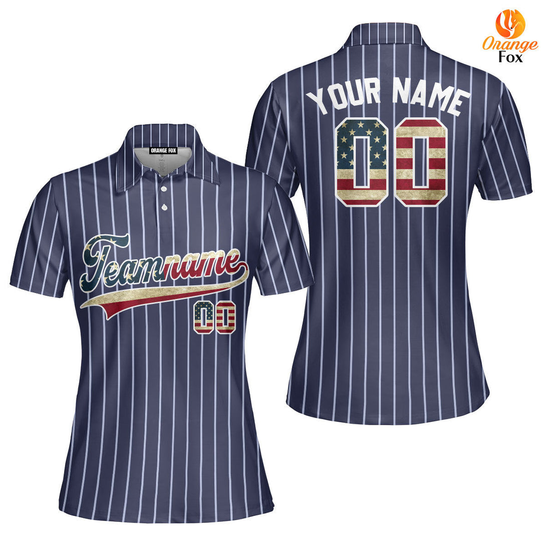 Custom Navy White Pinstripe American Flag White Custom Polo Shirt For Women