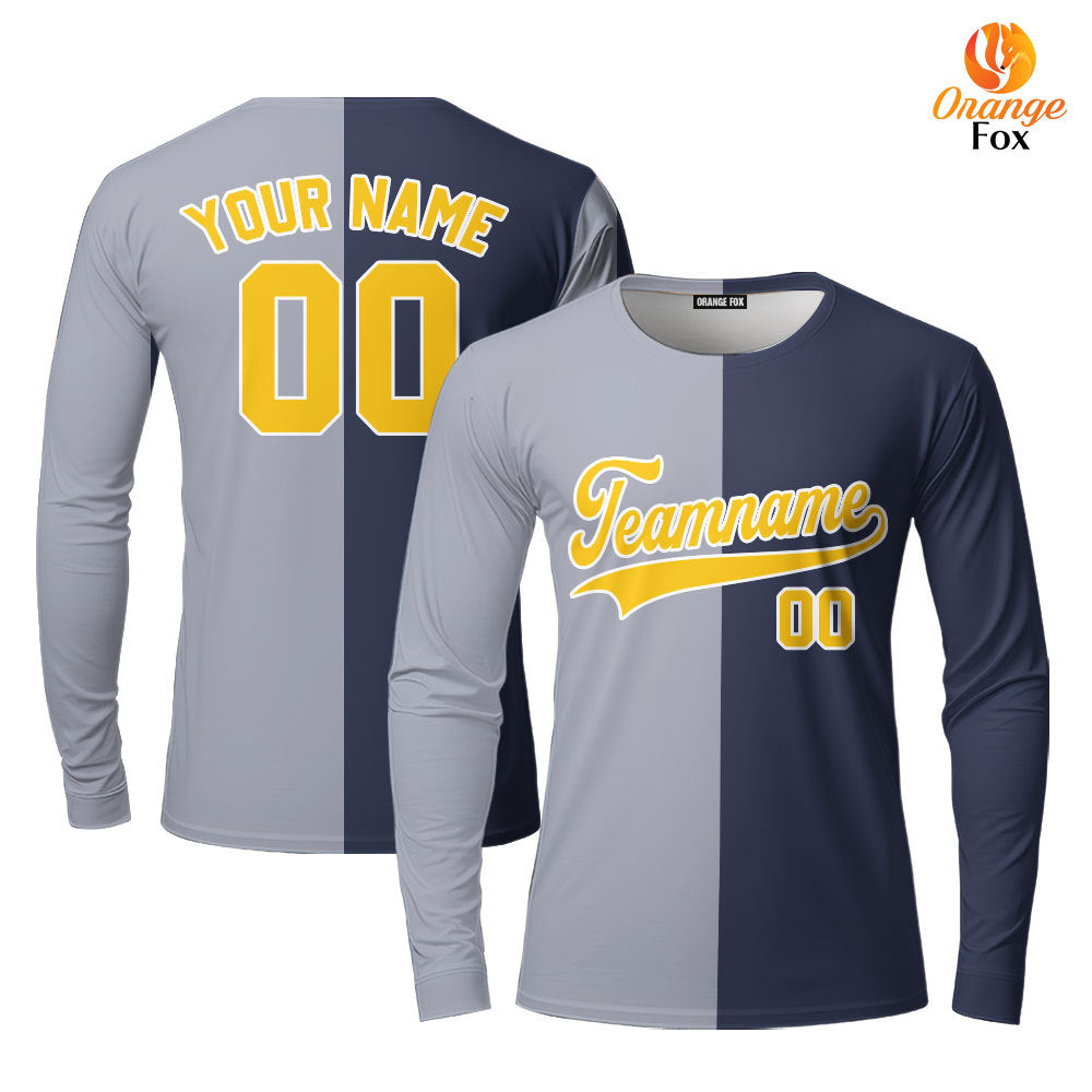 Custom Navy Yellow Gray Split Fashion Custom Long Sleeve T-Shirt For Men & Women