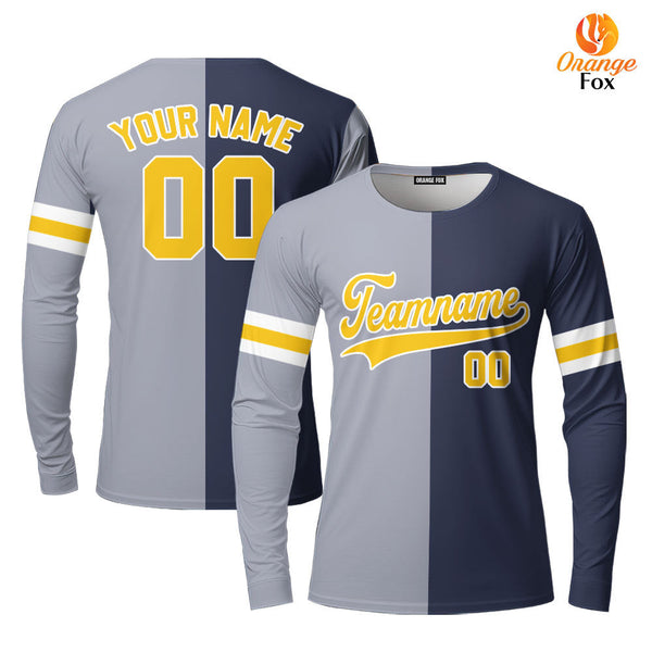 Custom Navy Yellow Gray Split Fashion Custom Long Sleeve T-Shirt For Men & Women