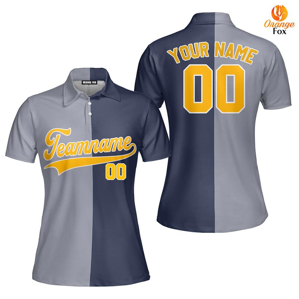 Custom Navy Yellow Gray Split Fashion Custom Polo Shirt For Women