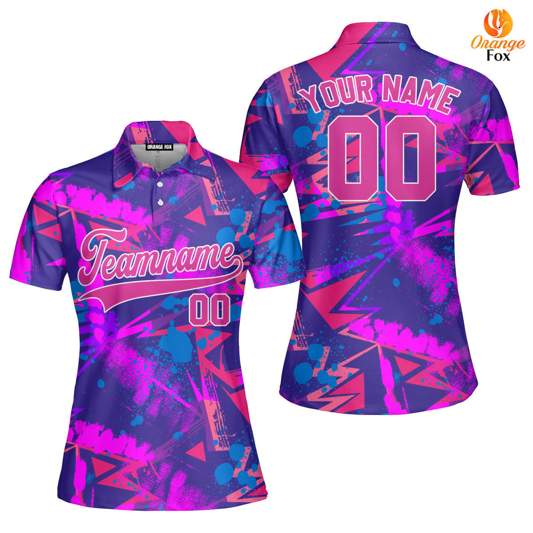 Custom Neon Chaotick Geometric Pattern Pink White Custom Polo Shirt For Women