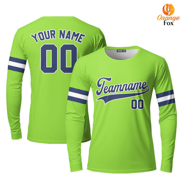 Custom Neon Green Navy - White Custom Long Sleeve T-Shirt For Men & Women