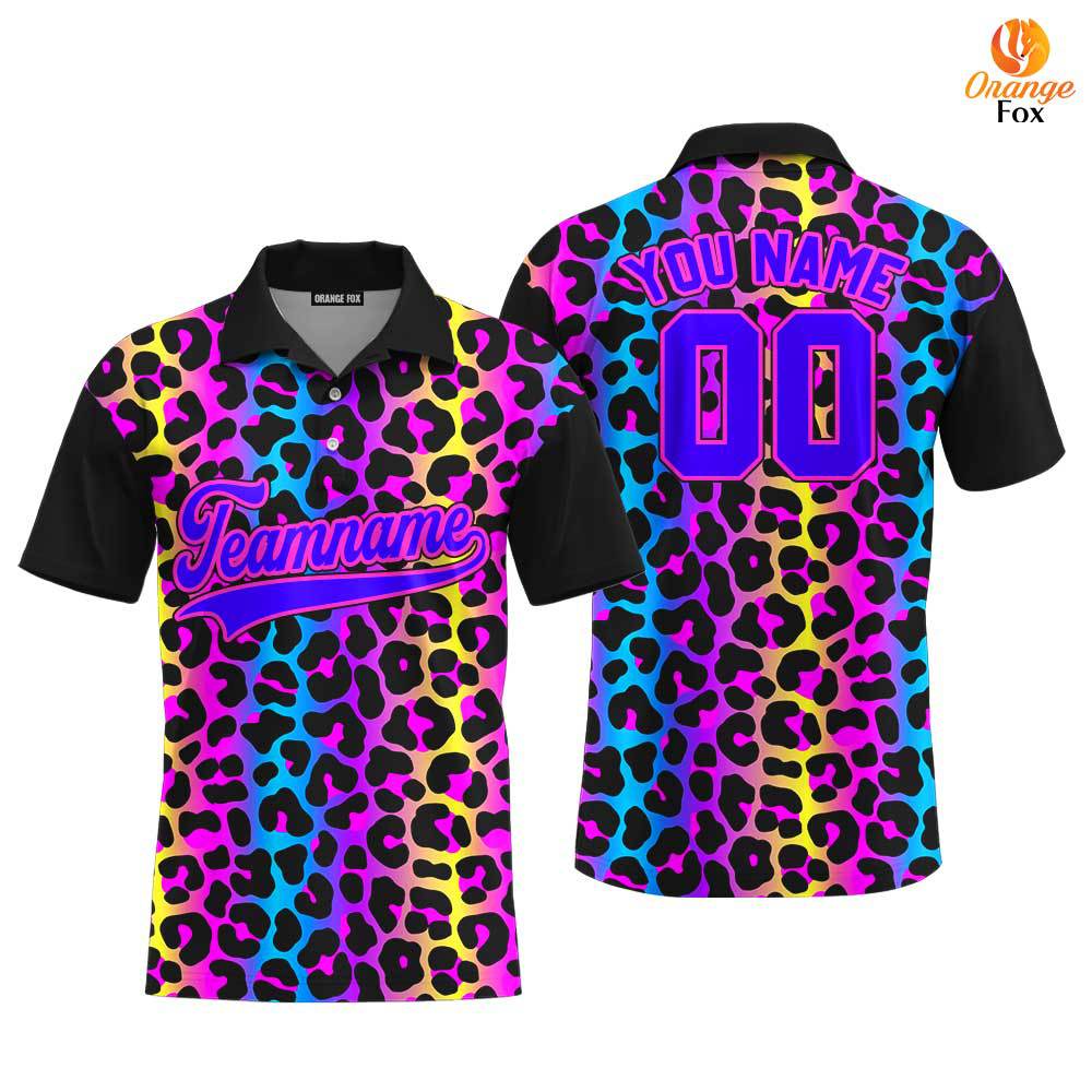 Custom Neon Leopard Pattern Blue Pink Custom Polo Shirt For Men