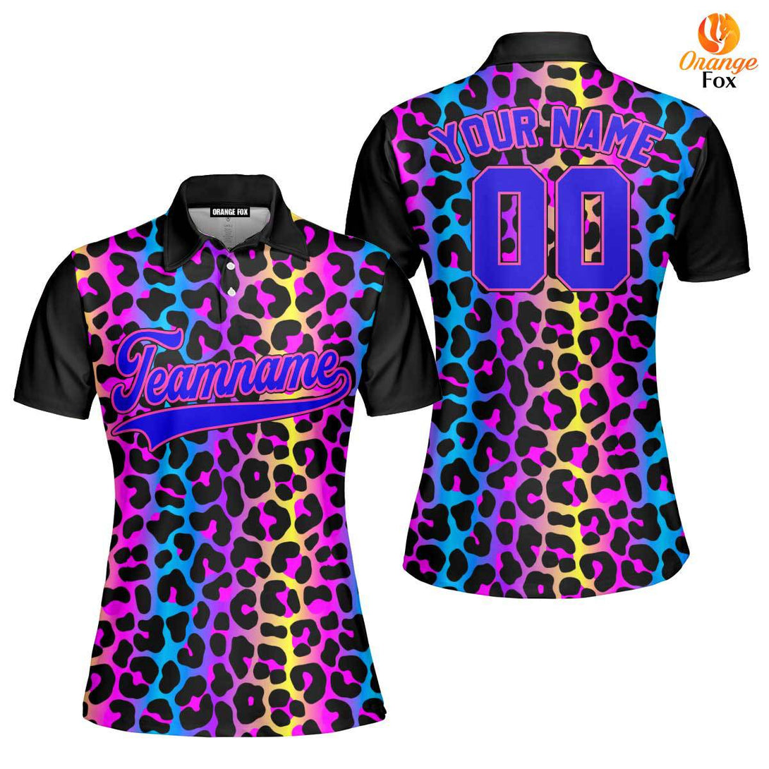 Custom Neon Leopard Pattern Blue Pink Custom Polo Shirt For Women