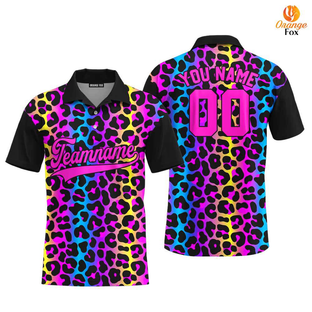 Custom Neon Leopard Pattern Pink Black Custom Polo Shirt For Men