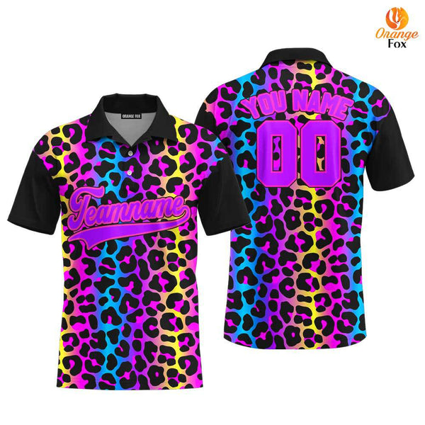 Custom Neon Leopard Pattern Purple Pink Custom Polo Shirt For Men