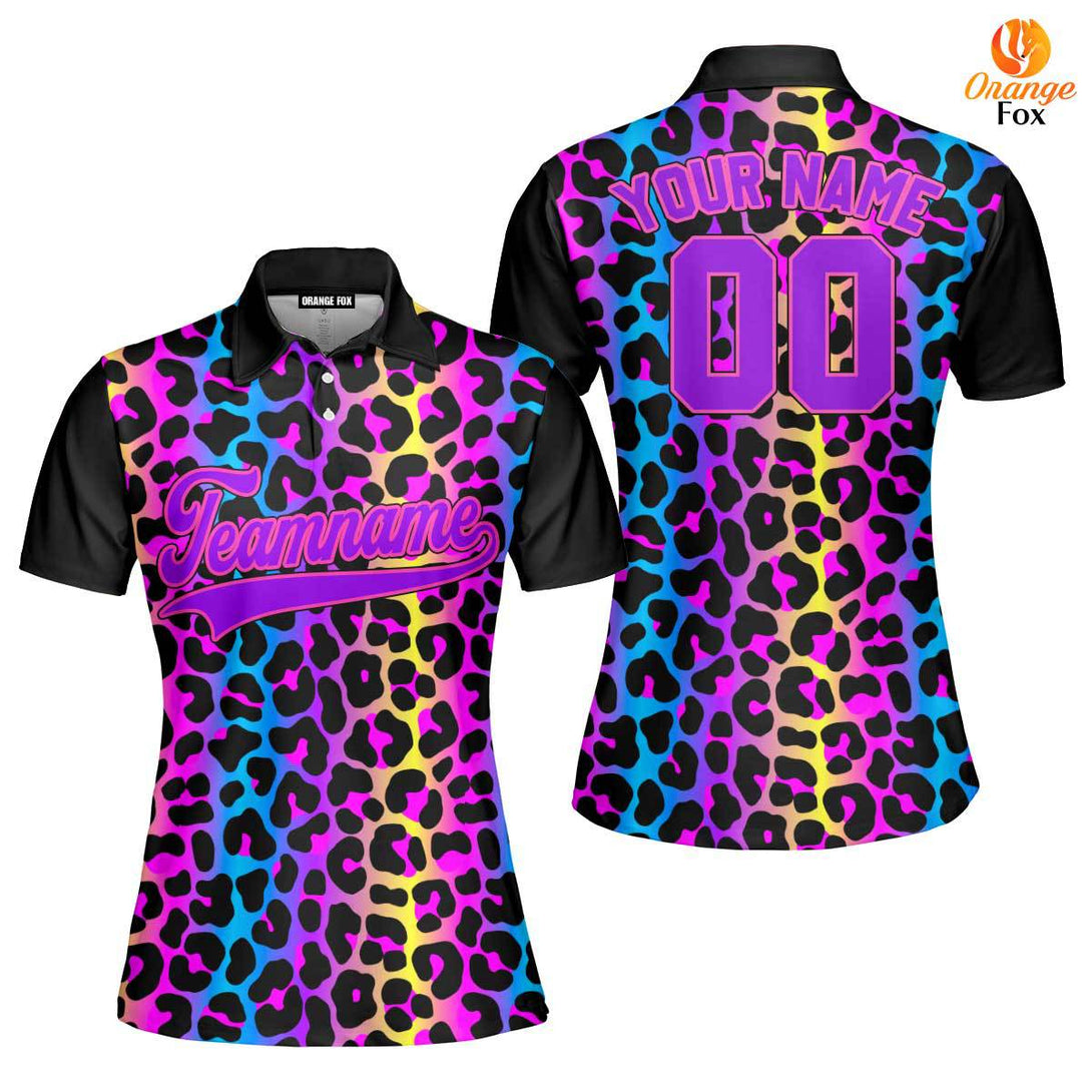 Custom Neon Leopard Pattern Purple Pink Custom Polo Shirt For Women