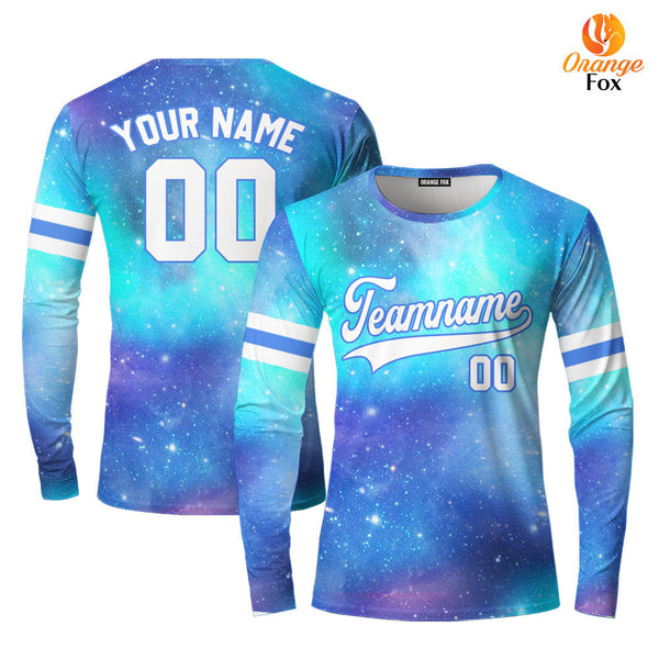 Custom Night Galaxy Space Pattern White Light Blue Custom Long Sleeve T-Shirt For Men & Women