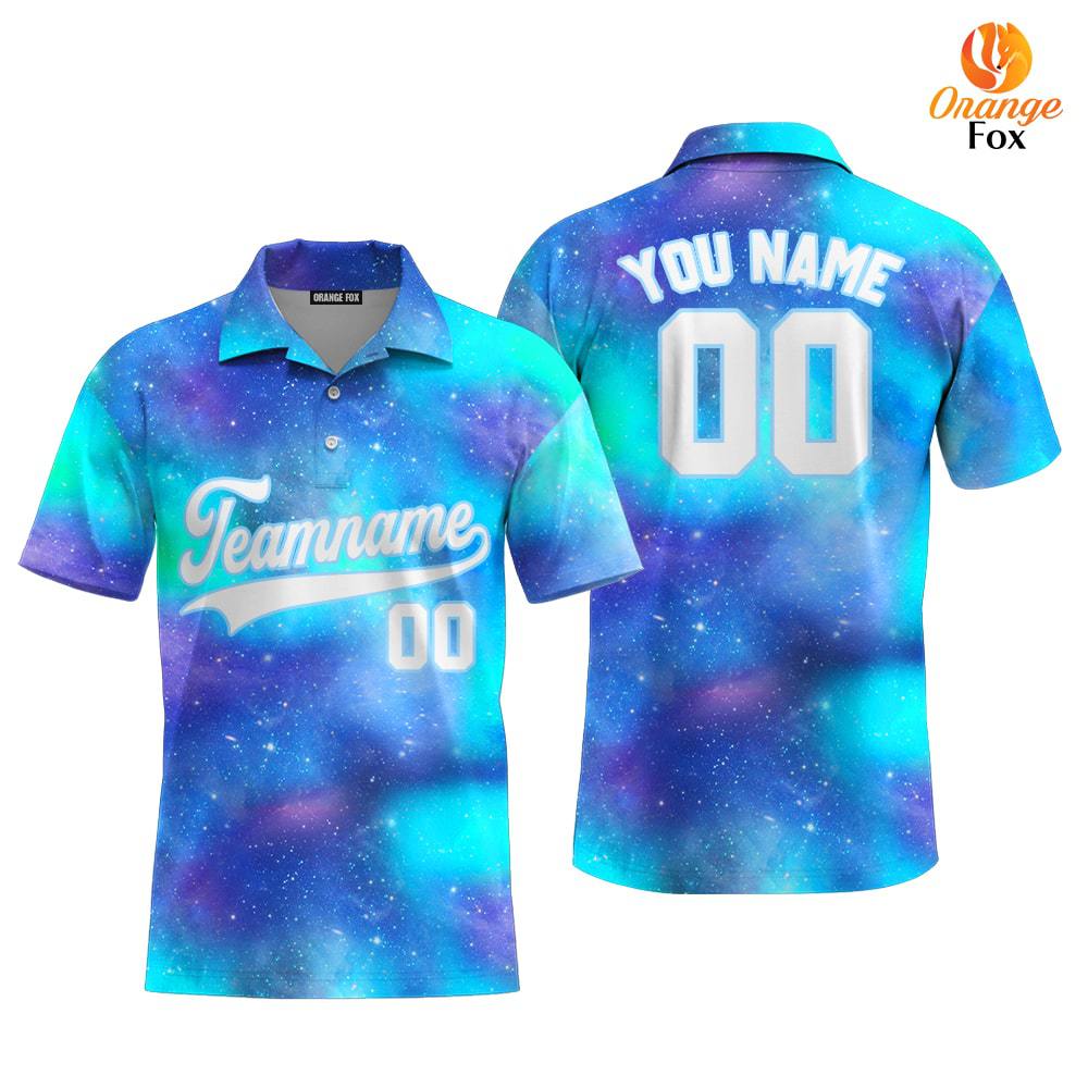 Custom Night Galaxy Space Pattern White Light Blue Custom Polo Shirt For Men