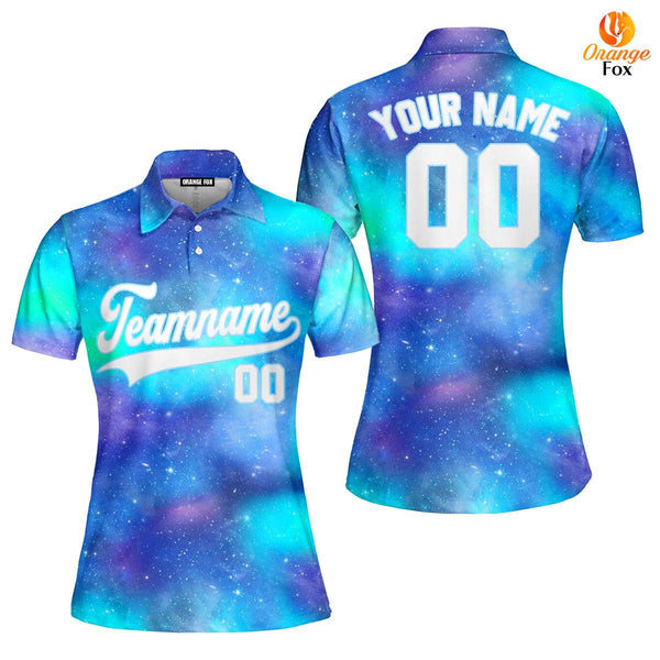 Custom Night Galaxy Space Pattern White Light Blue Custom Polo Shirt For Women