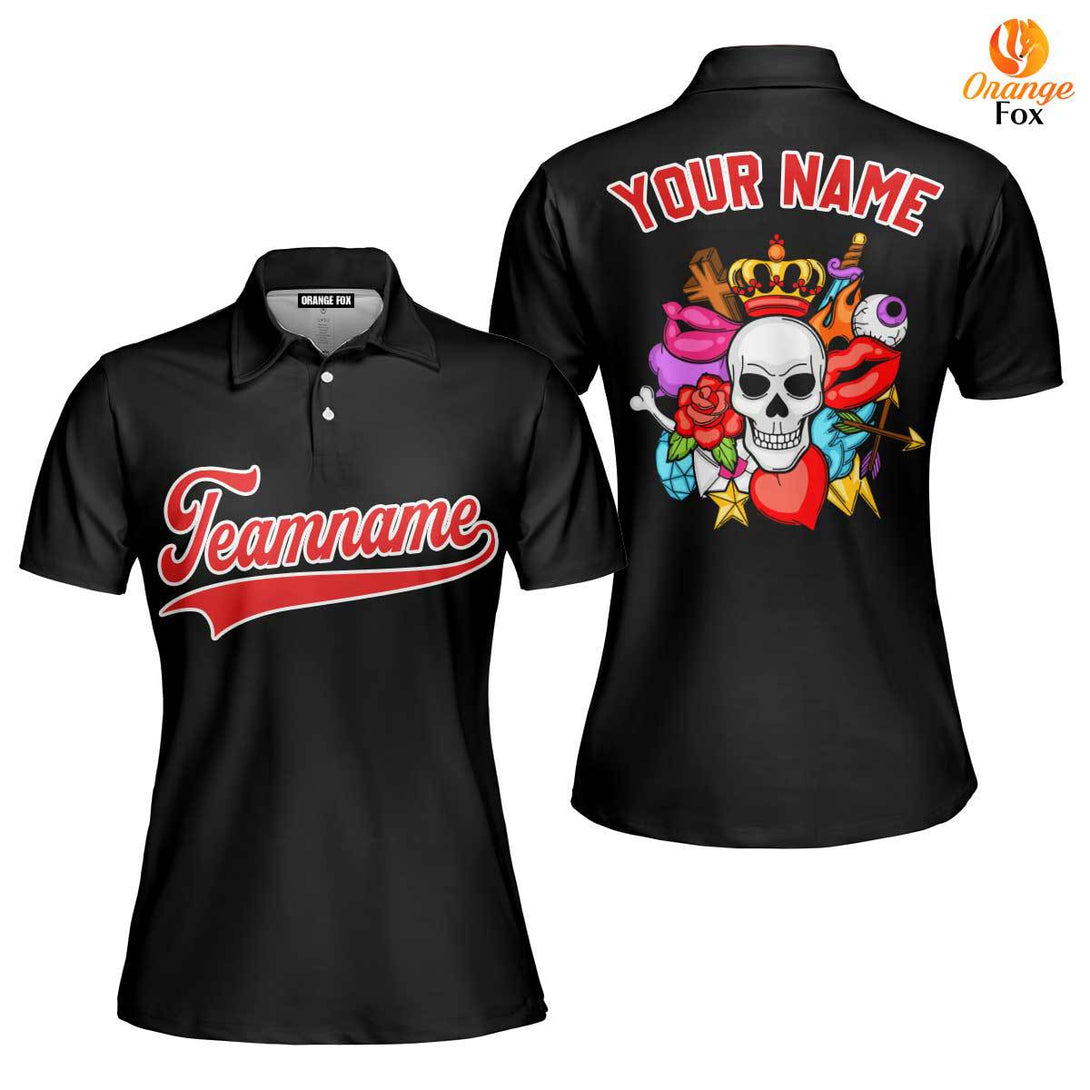 Custom Old Skull Tattoo Pattern Red White Custom Polo Shirt For Women