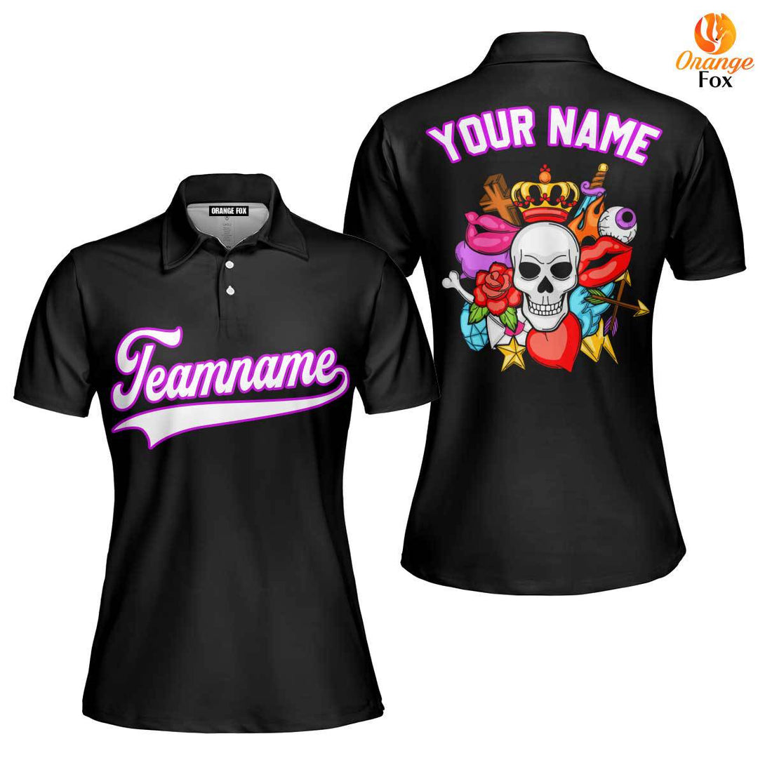 Custom Old Skull Tattoo Pattern White Purple Custom Polo Shirt For Women