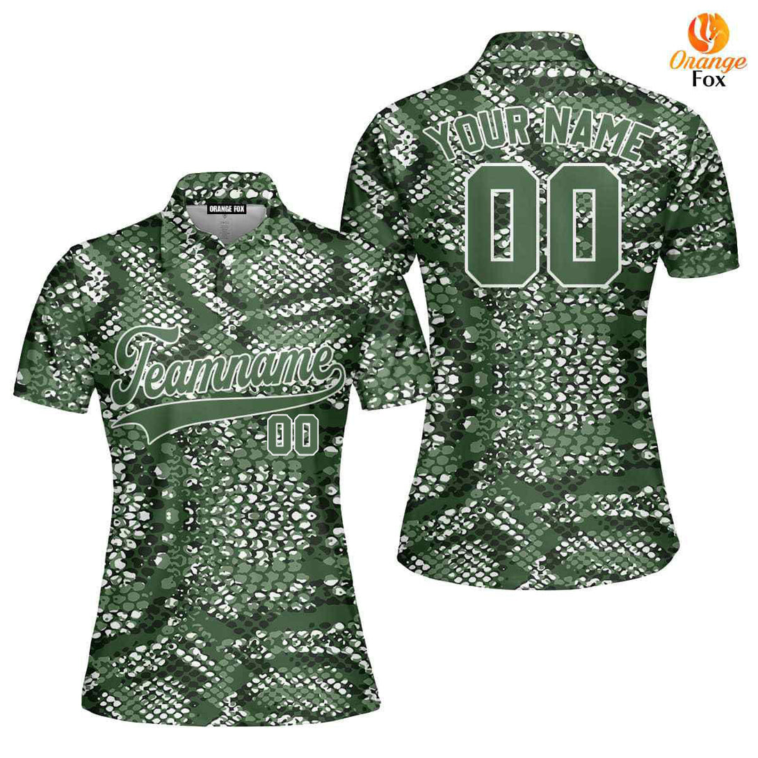 Custom Olive Snake Skin Pattern Green White Custom Polo Shirt For Women