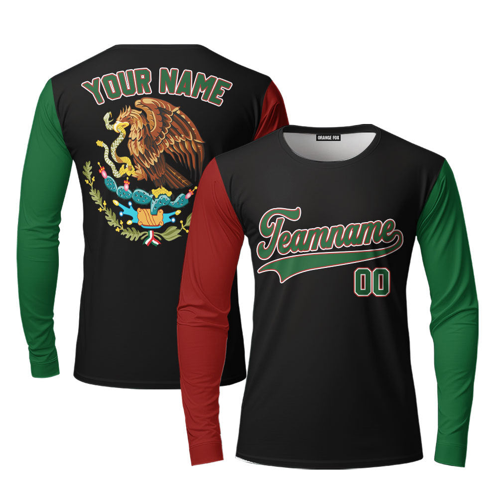 Custom On Black Mexican Flag Green White Custom Long Sleeve T-Shirt For Men & Women