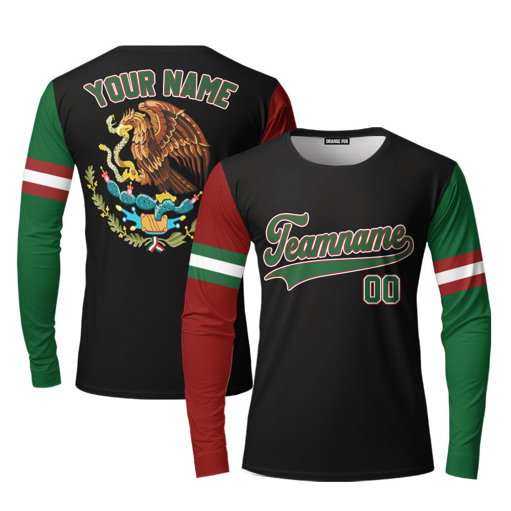 Custom On Black Mexican Flag Green White Custom Long Sleeve T-Shirt For Men & Women