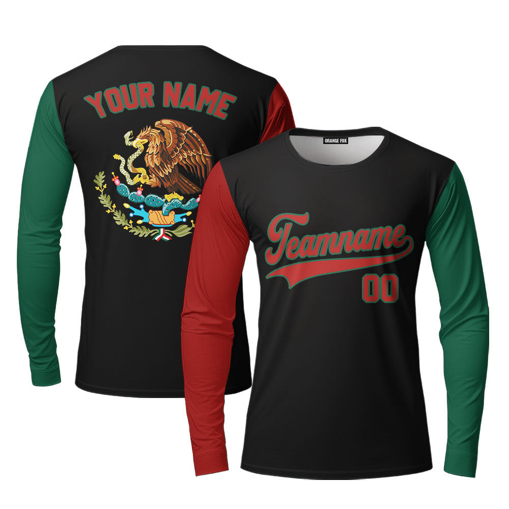 Custom On Black Mexican Flag Red Green Custom Long Sleeve T-Shirt For Men & Women