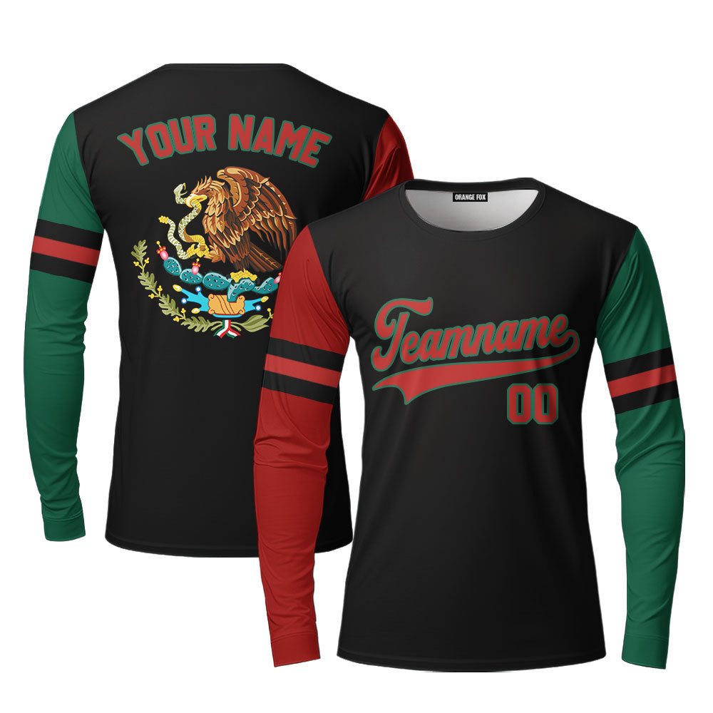 Custom On Black Mexican Flag Red Green Custom Long Sleeve T-Shirt For Men & Women