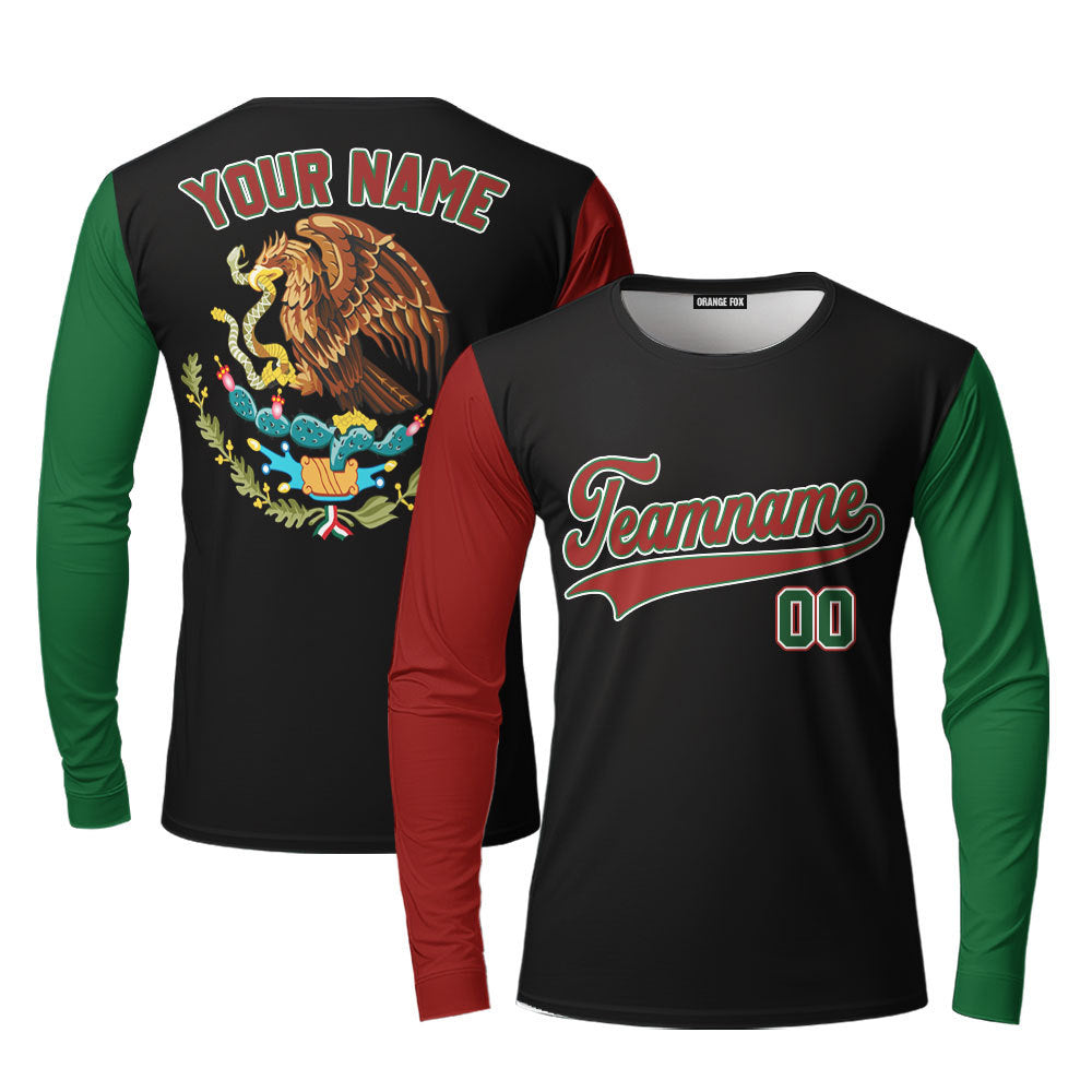 Custom On Black Mexican Flag Red White Custom Long Sleeve T-Shirt For Men & Women