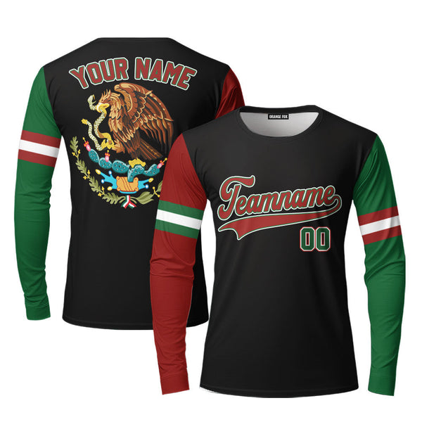 Custom On Black Mexican Flag Red White Custom Long Sleeve T-Shirt For Men & Women