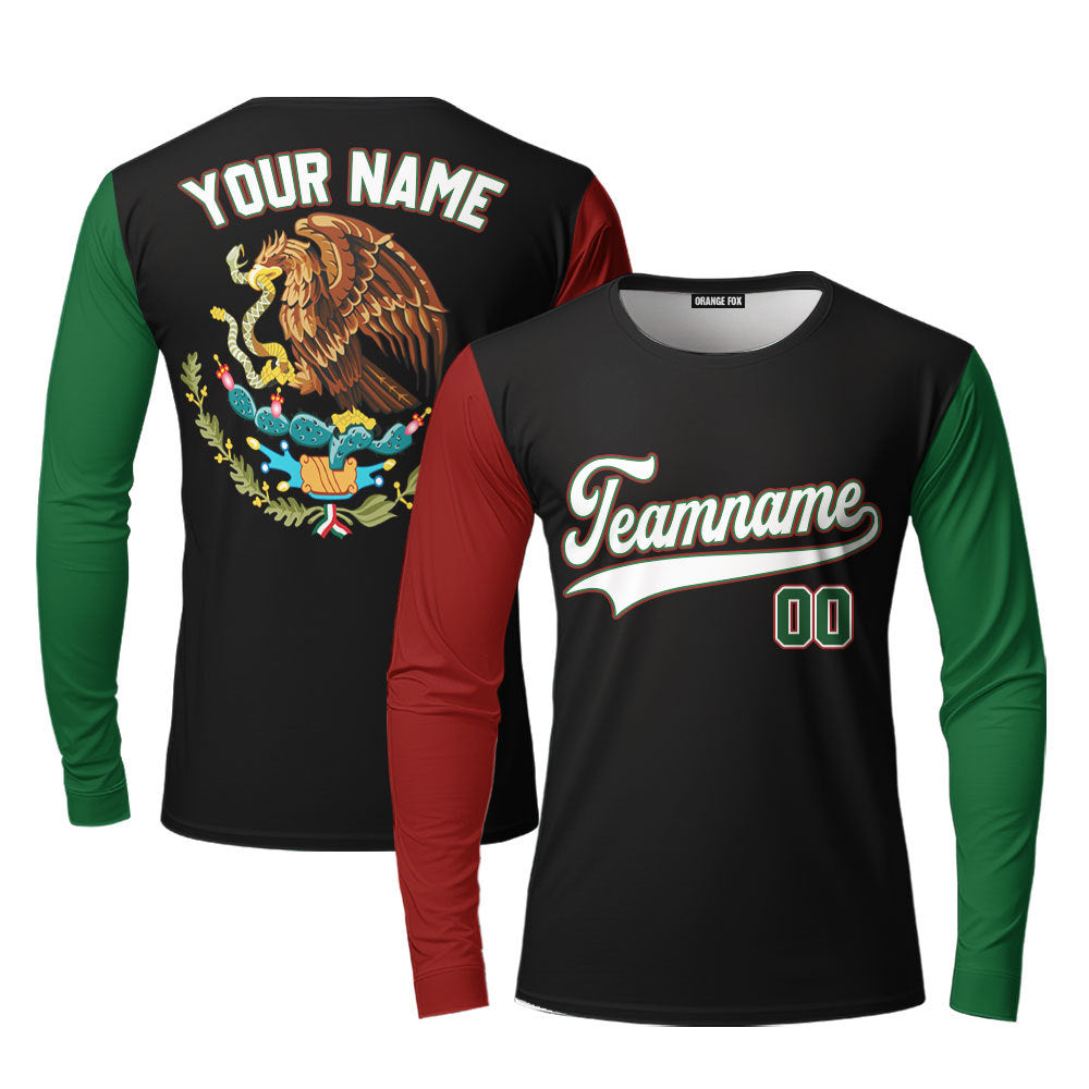 Custom On Black Mexican Flag White Green Custom Long Sleeve T-Shirt For Men & Women