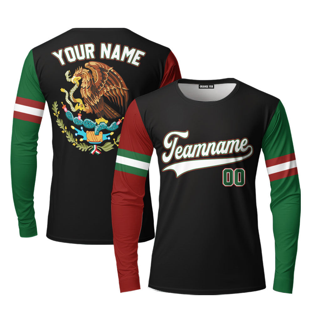 Custom On Black Mexican Flag White Green Custom Long Sleeve T-Shirt For Men & Women