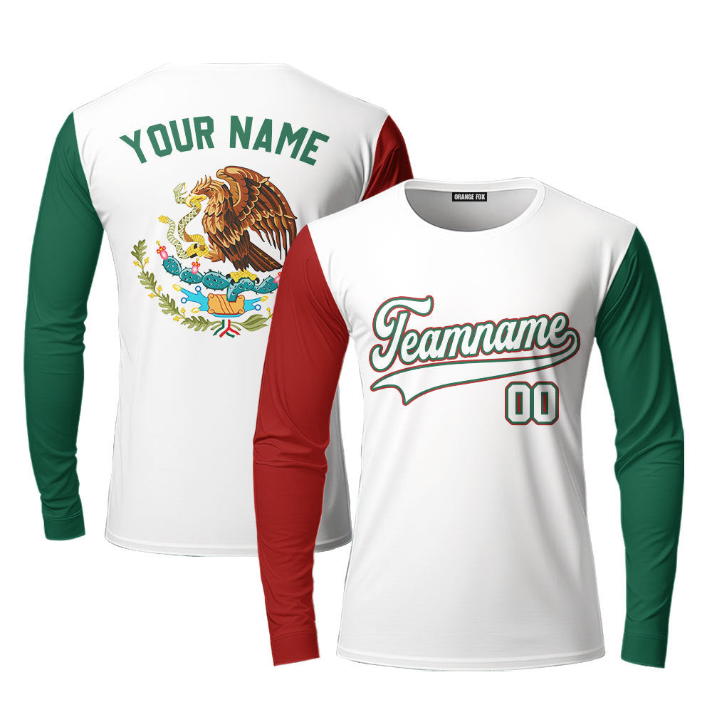 Custom On White Mexican Flag White Green Custom Long Sleeve T-Shirt For Men & Women