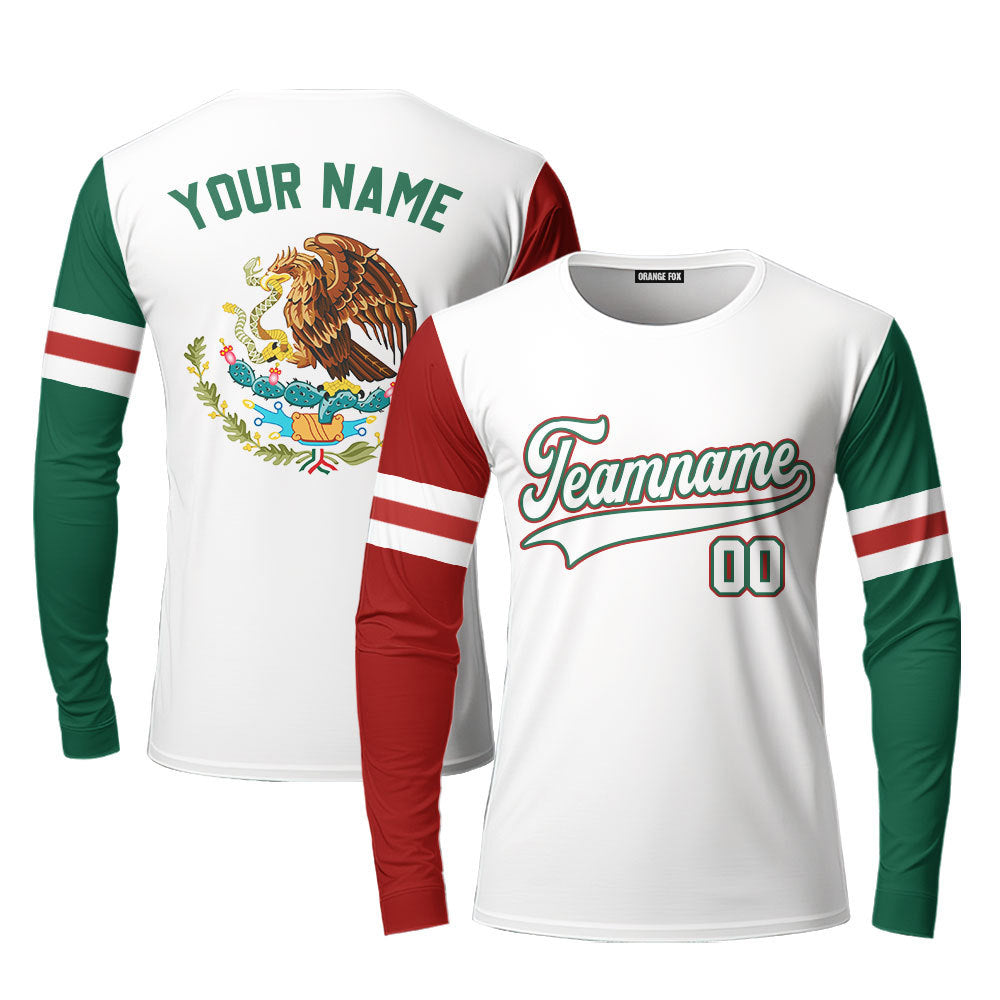 Custom On White Mexican Flag White Green Custom Long Sleeve T-Shirt For Men & Women