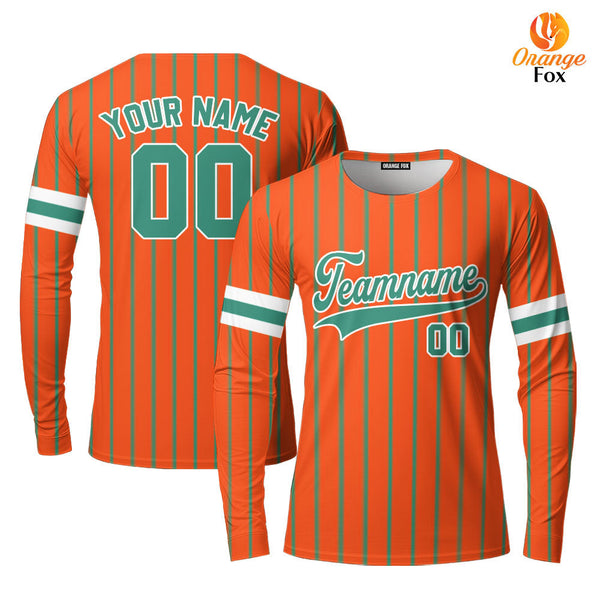 Custom Orange Teal Pinstripe White Custom Long Sleeve T-Shirt For Men & Women