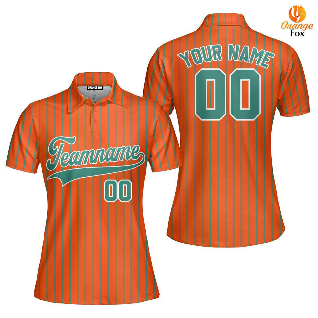 Custom Orange Teal Pinstripe White Custom Polo Shirt For Women