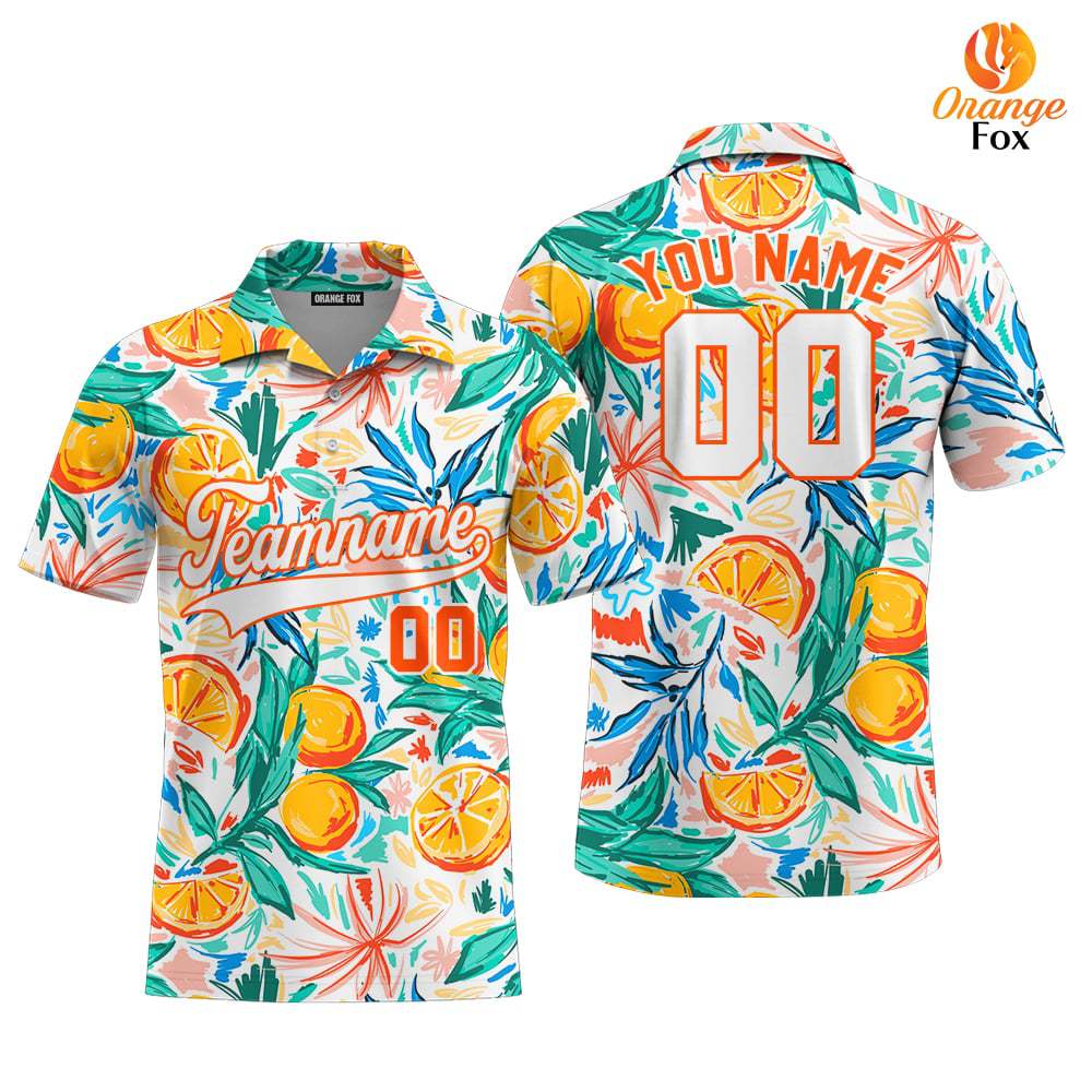 Custom Orange Tropical Pattern White Orange Custom Polo Shirt For Men