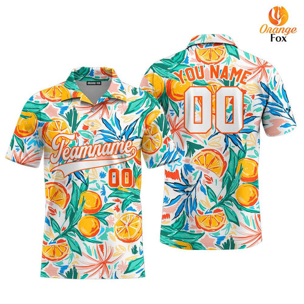 Custom Orange Tropical Pattern White Orange Custom Polo Shirt For Men